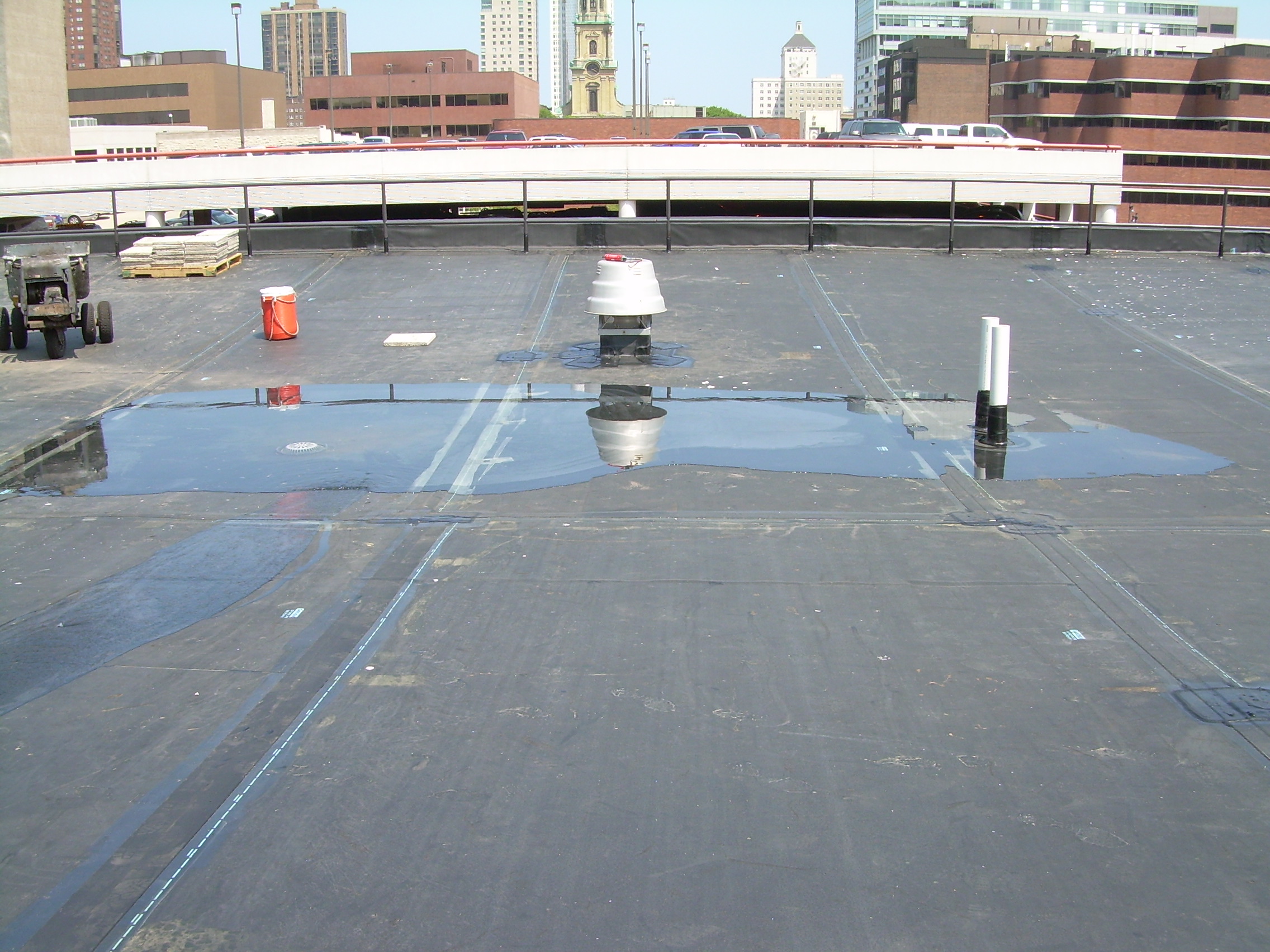 Portions of the roof were flooded to test the seams.
