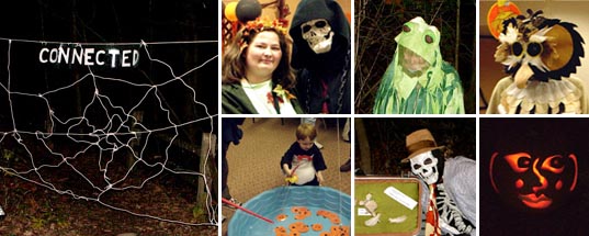 Spiderweb with the word "connected" interwoven, Characters: Mother Nature & Skeleton friend, Mutant Frog, Owl; Child's Game: fishing for pumpkins; Character Mr. Bones; Glowing Pumpkin
