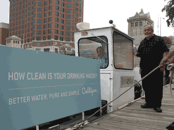 Captain Scott of the River Skimmer and Harbor Master Joe DiGiorgio welcome Culligan to help promote efforts to keep the river clean.