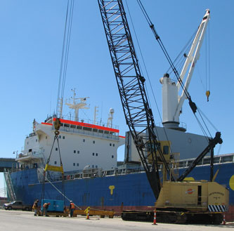 The IRYDA is the first ocean vessel to call Milwaukee 4-16-09, Port mobile cranes have the lifting capacity of 70 and 90 tons.